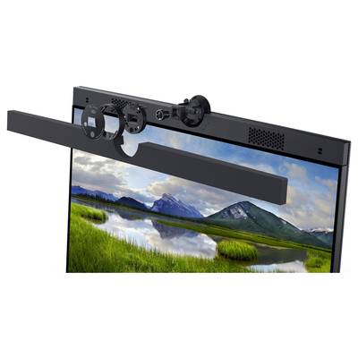 Computer screen displaying a mountain landscape in the background. Parts of the housing, including speakers and camera, are shown in cross-section.