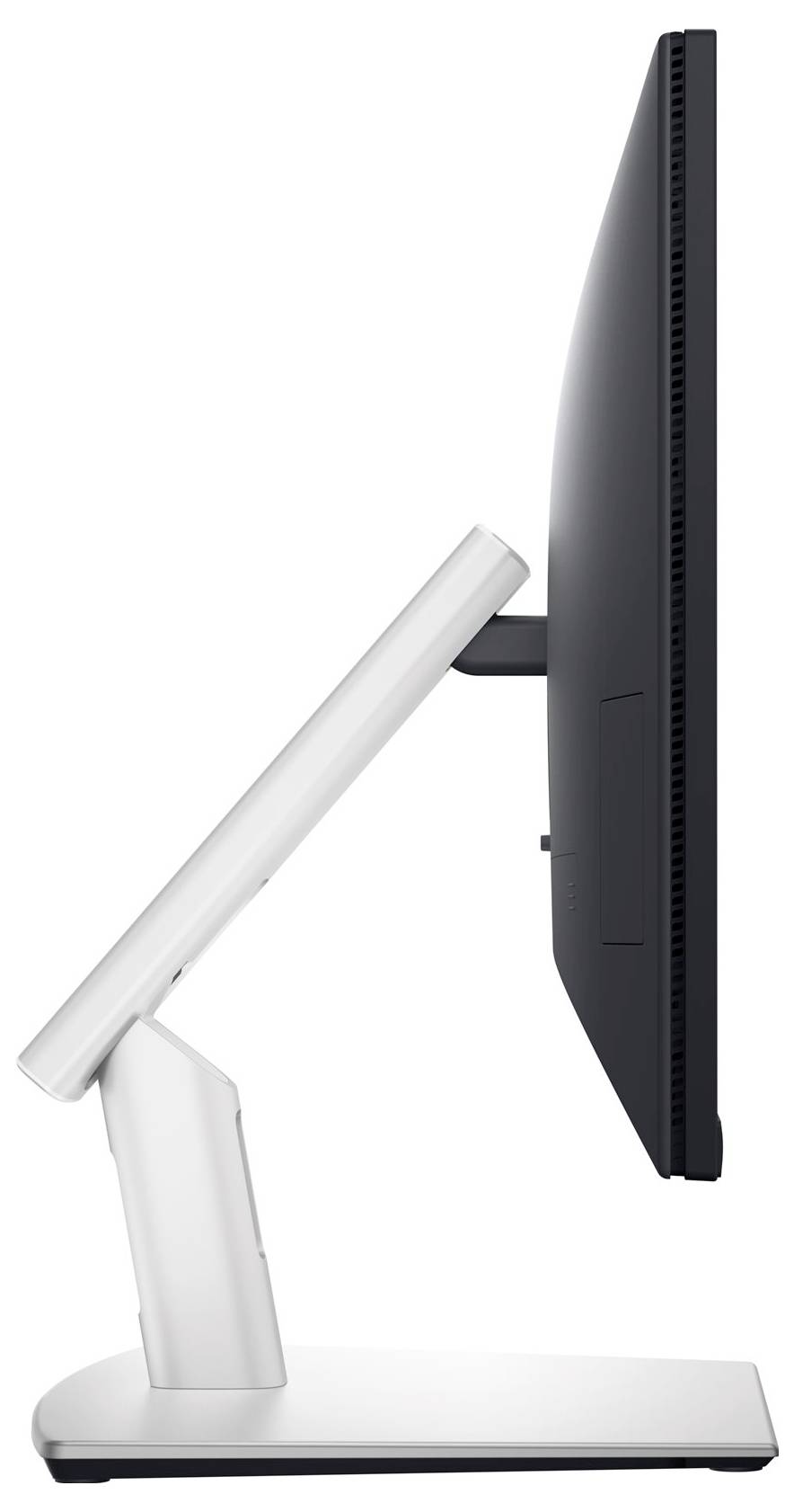 Side view of a black monitor on a white stand. The monitor is slightly tilted upwards.