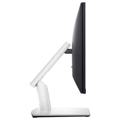 Side view of a black monitor on a white stand. The monitor is slightly tilted upwards.