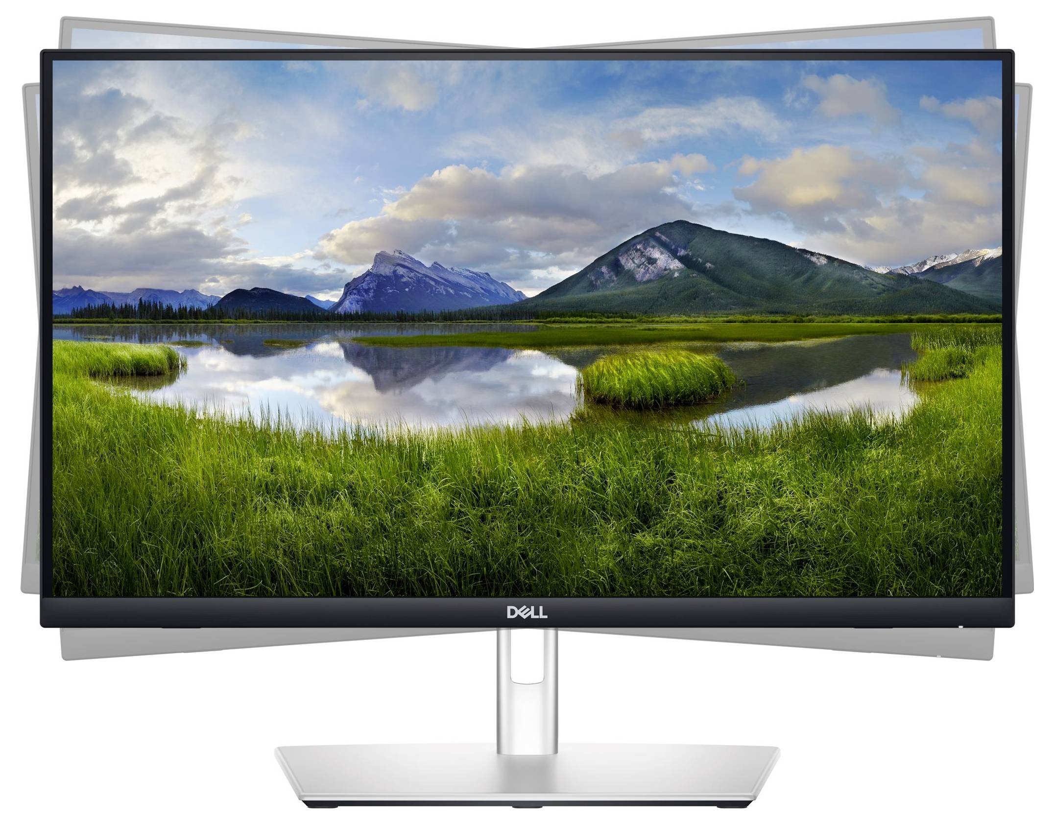 A curved Dell monitor displays a landscape with a lake, surrounded by green meadows and mountains in the background.