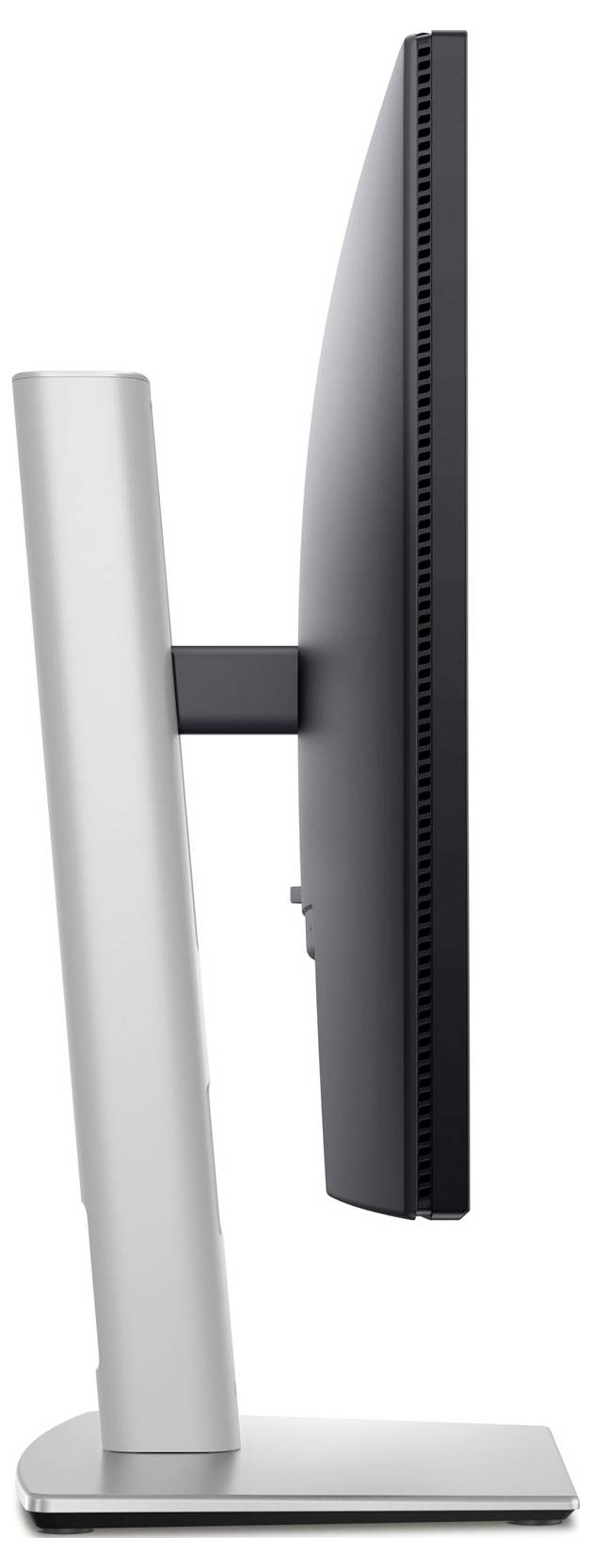 Flat computer monitor in profile, showing sleek design and slim bezel, on a sturdy, minimalist stand.