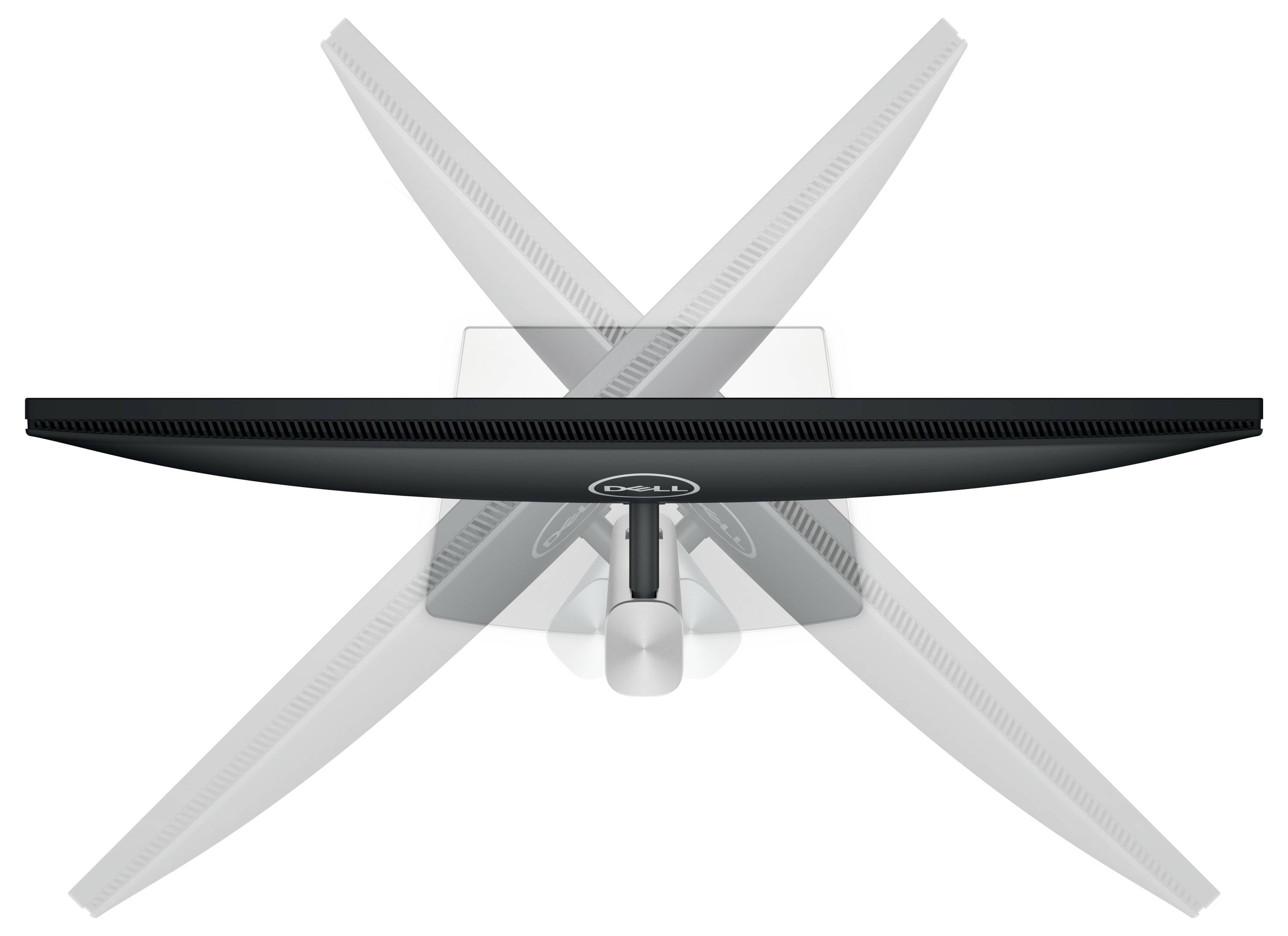 A monitor viewed from above, rotating around its own axis with multiple angle positions to illustrate mobility.