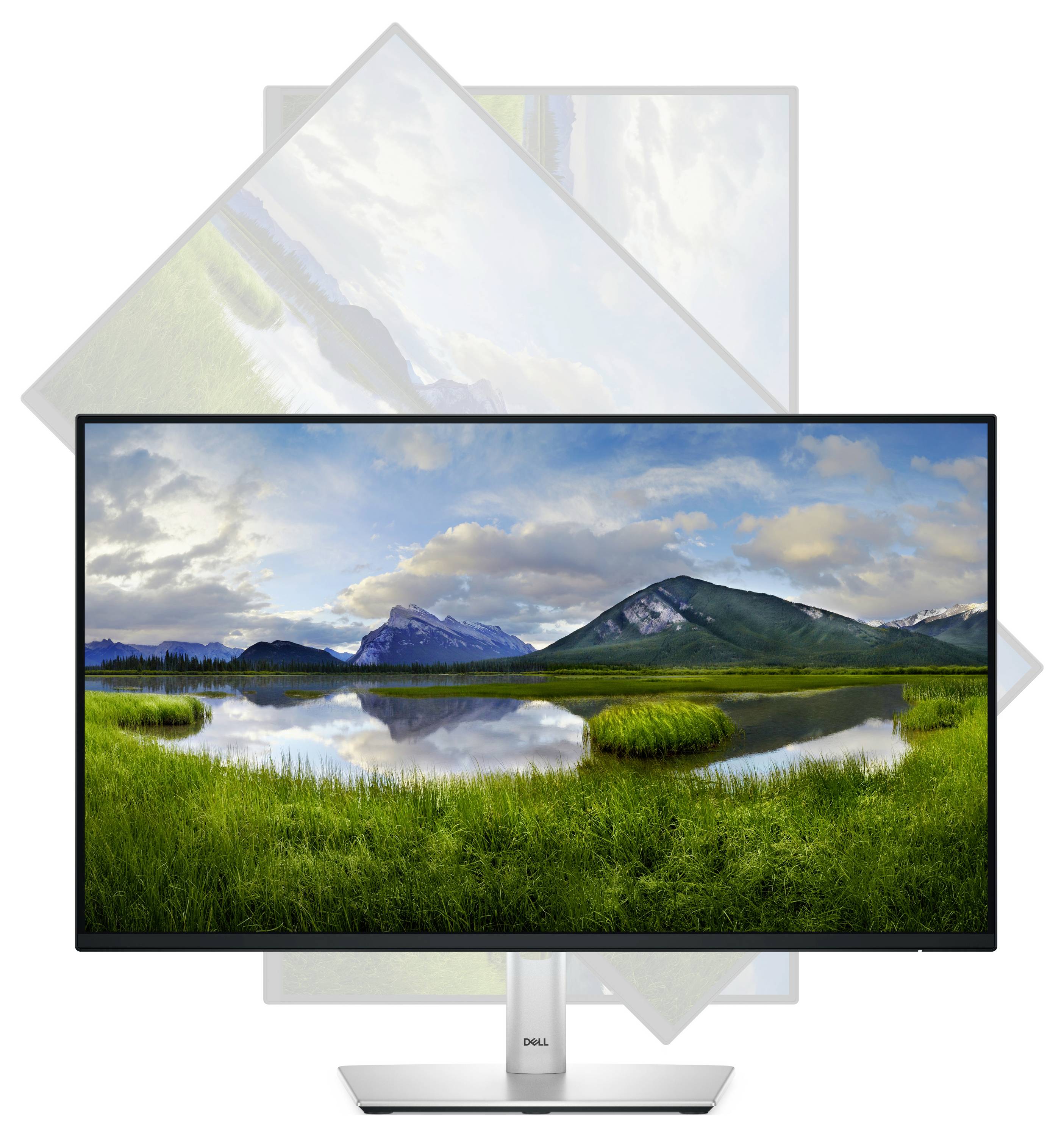 A flat-screen monitor displays a landscape with mountains, clouds, and a lake. The monitor is shown in various positions.
