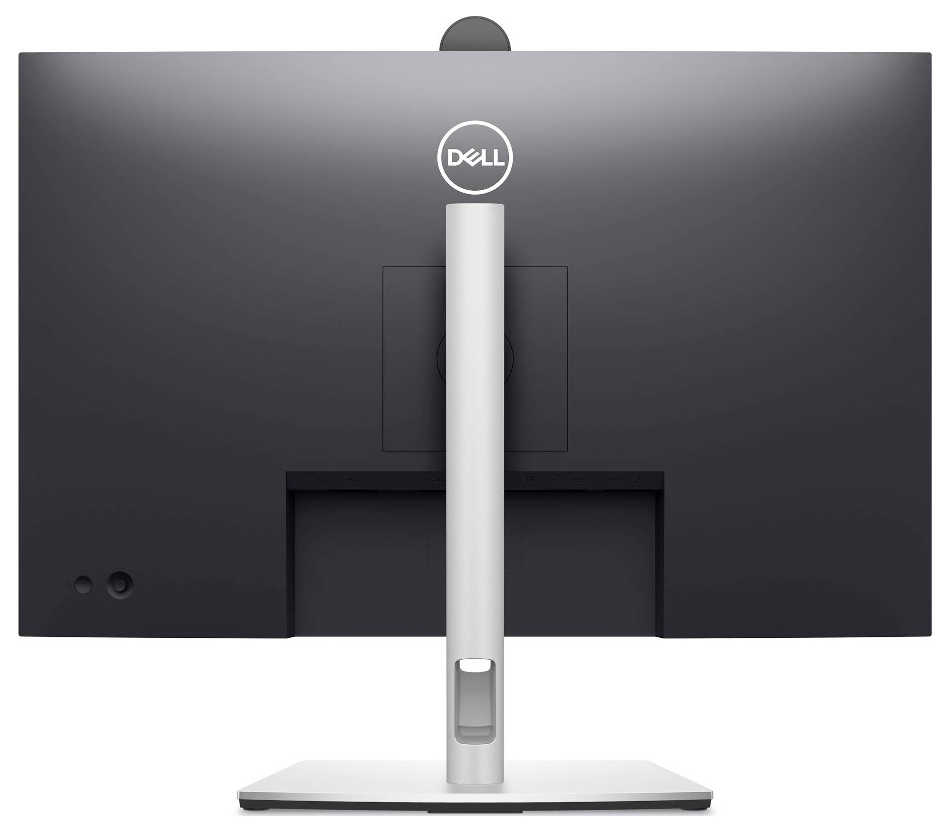 Rear view of a Dell monitor with a slim, white stand.