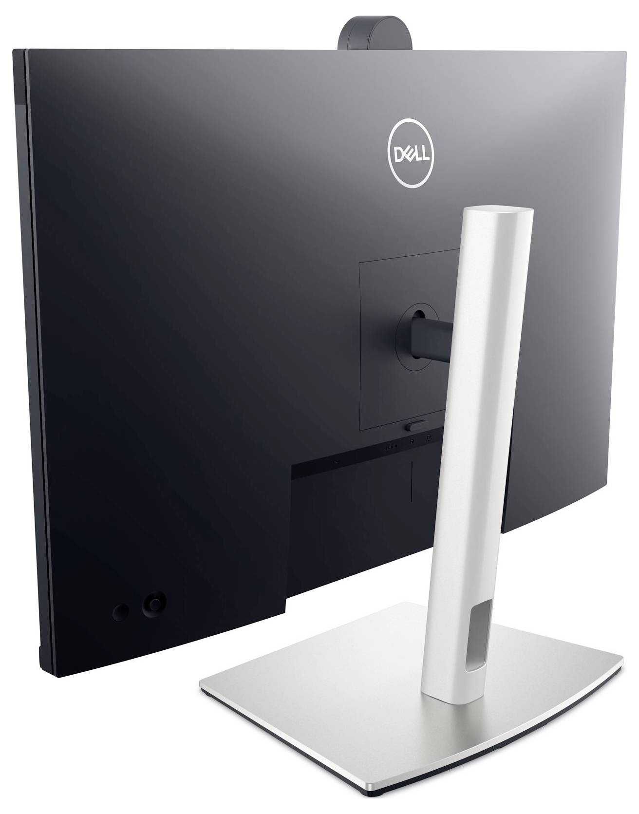 A modern black Dell computer monitor with a silver stand, rear view.