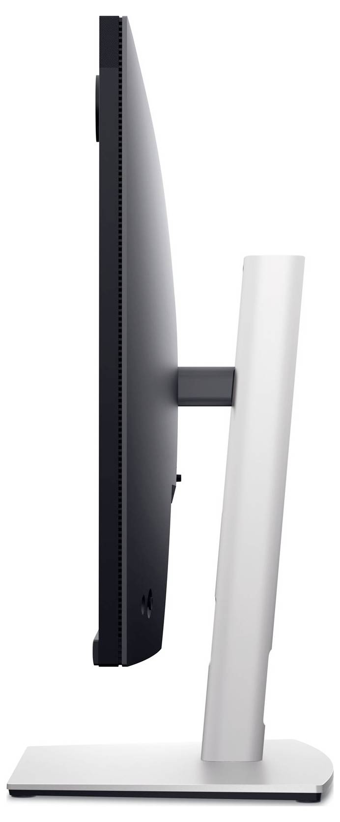 A slim computer monitor from the side, with a narrow bezel and a sturdy stand, ideal for office workstations.
