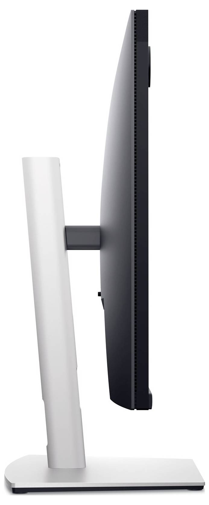 Side view of a modern computer monitor in black and silver colours, mounted on a sturdy, height-adjustable stand.