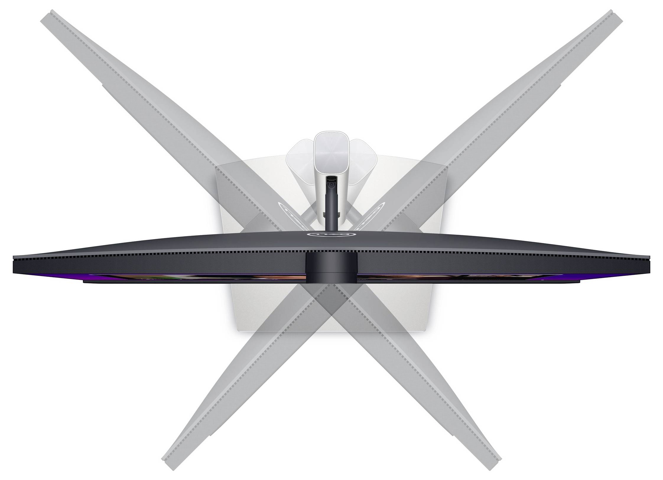 UHD monitor viewed from above with tilting movements illustrated; shows adjustability of the screen at various viewing angles.