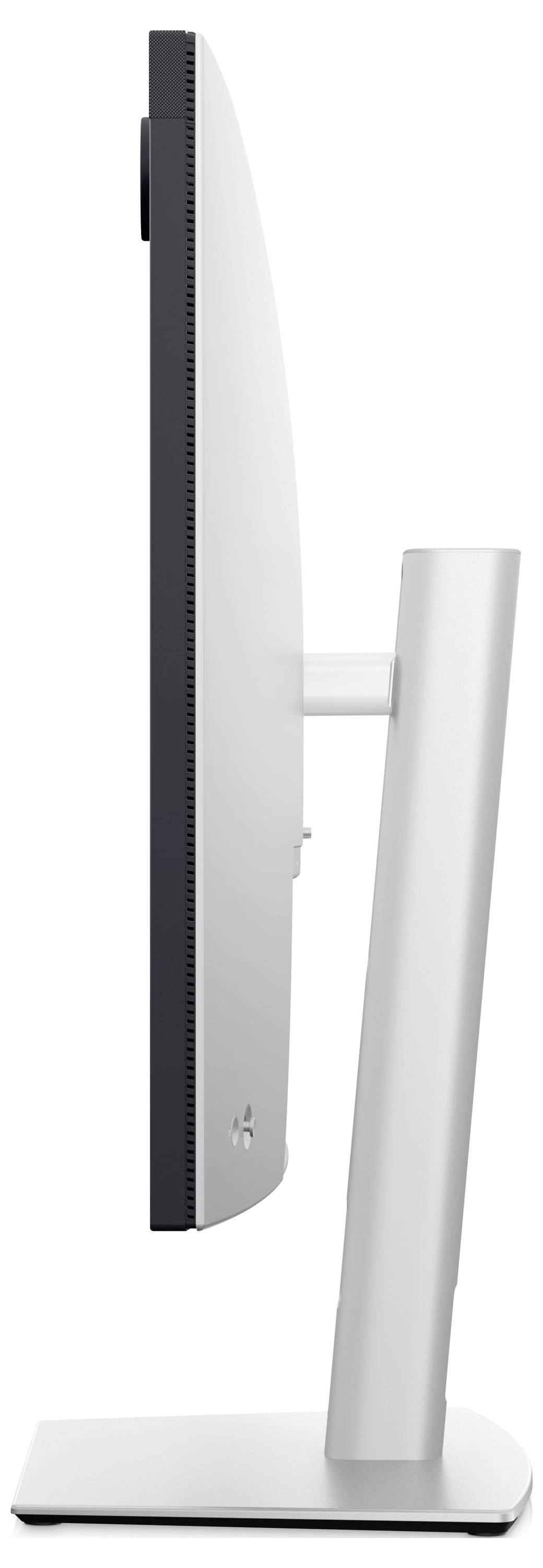 A side profile of a modern, sleek computer monitor with a slim bezel, standing on a sturdy stand.