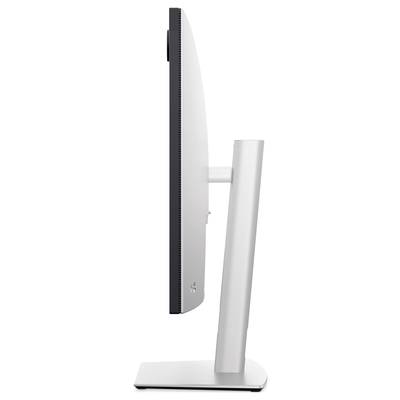 A side profile of a modern, sleek computer monitor with a slim bezel, standing on a sturdy stand.