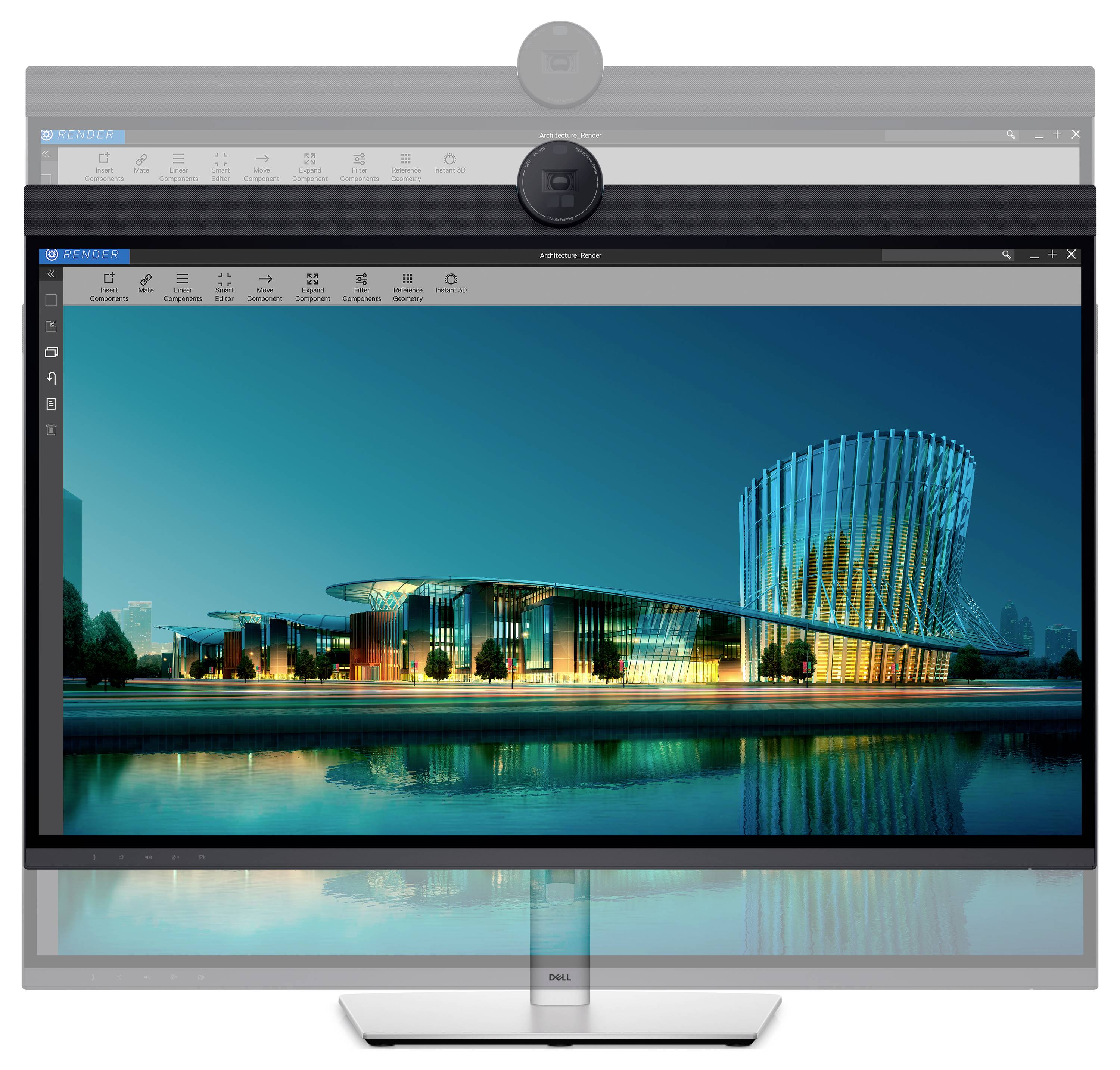 A modern architectural complex is illuminated at night and reflects on a calm water surface, displayed on a screen.