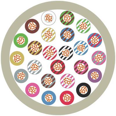 Colourful geometric shapes arranged in a circle, with varying patterns and colour combinations. Each shape features a dotted pattern in its centre.