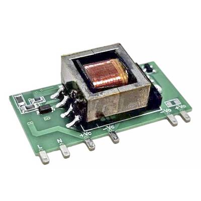 A green printed circuit board with a transformer in the centre. It shows several connection points: L, N, +VC, -VC, +V0, -V0.