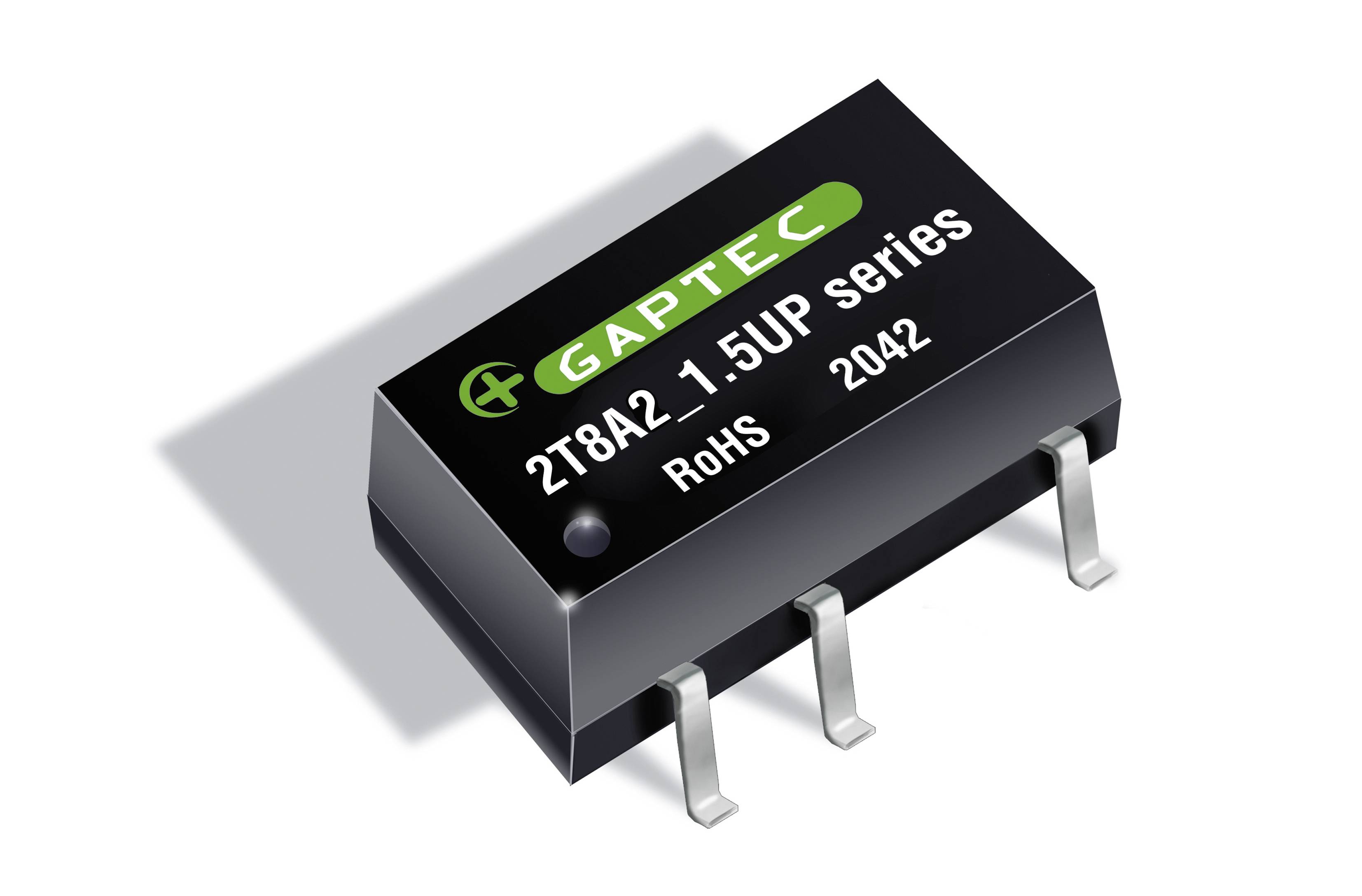 A black electronic chip with the inscription 'GAPTEC 2T8A2 1.5UP series RoHS 2042', showing four metal pins.