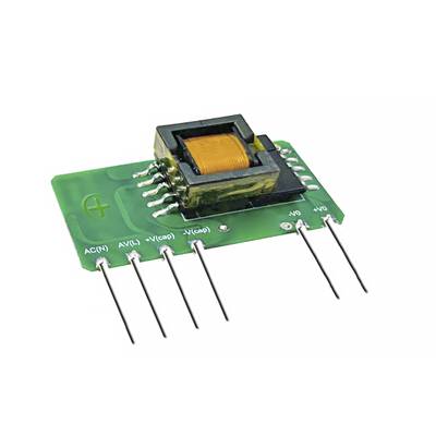 'An electronic transformer on a green printed circuit board with multiple connections marked for various electrical connections.'