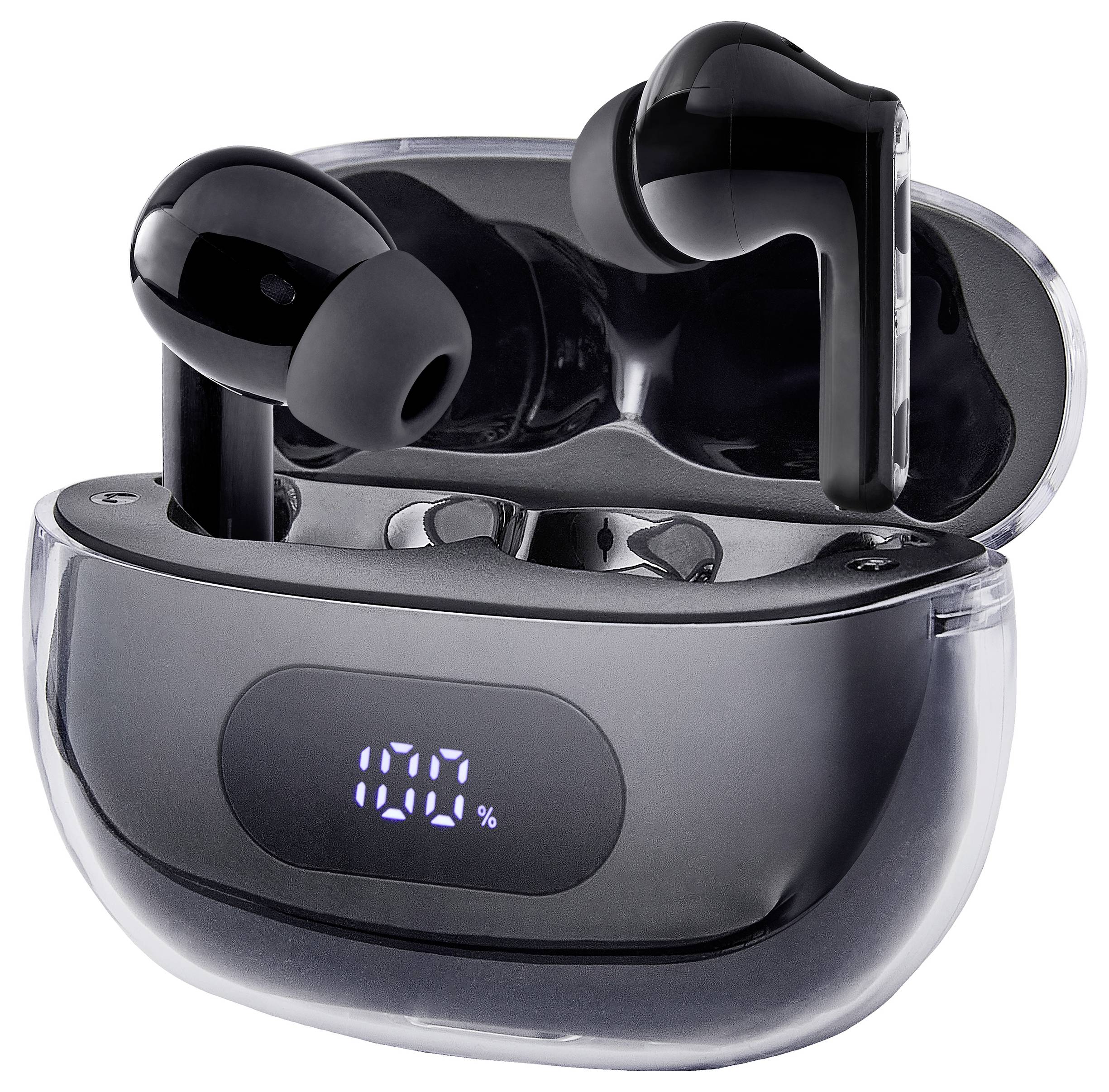 Black wireless earbuds in a charging case with a digital display reading '100%'.
