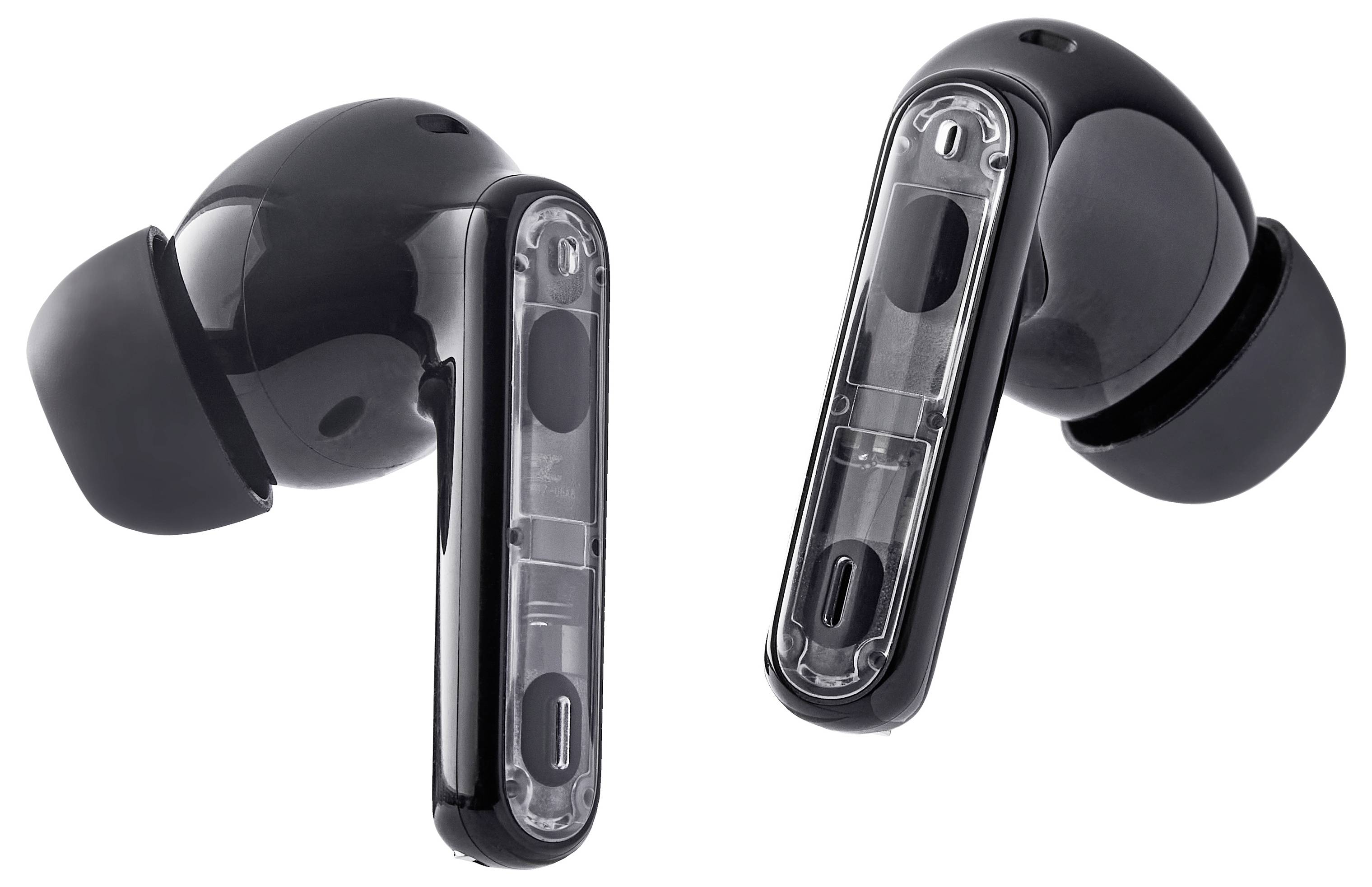 Two black true wireless earbuds in close-up, one showing the outer side, the other revealing the inner side with visible components.