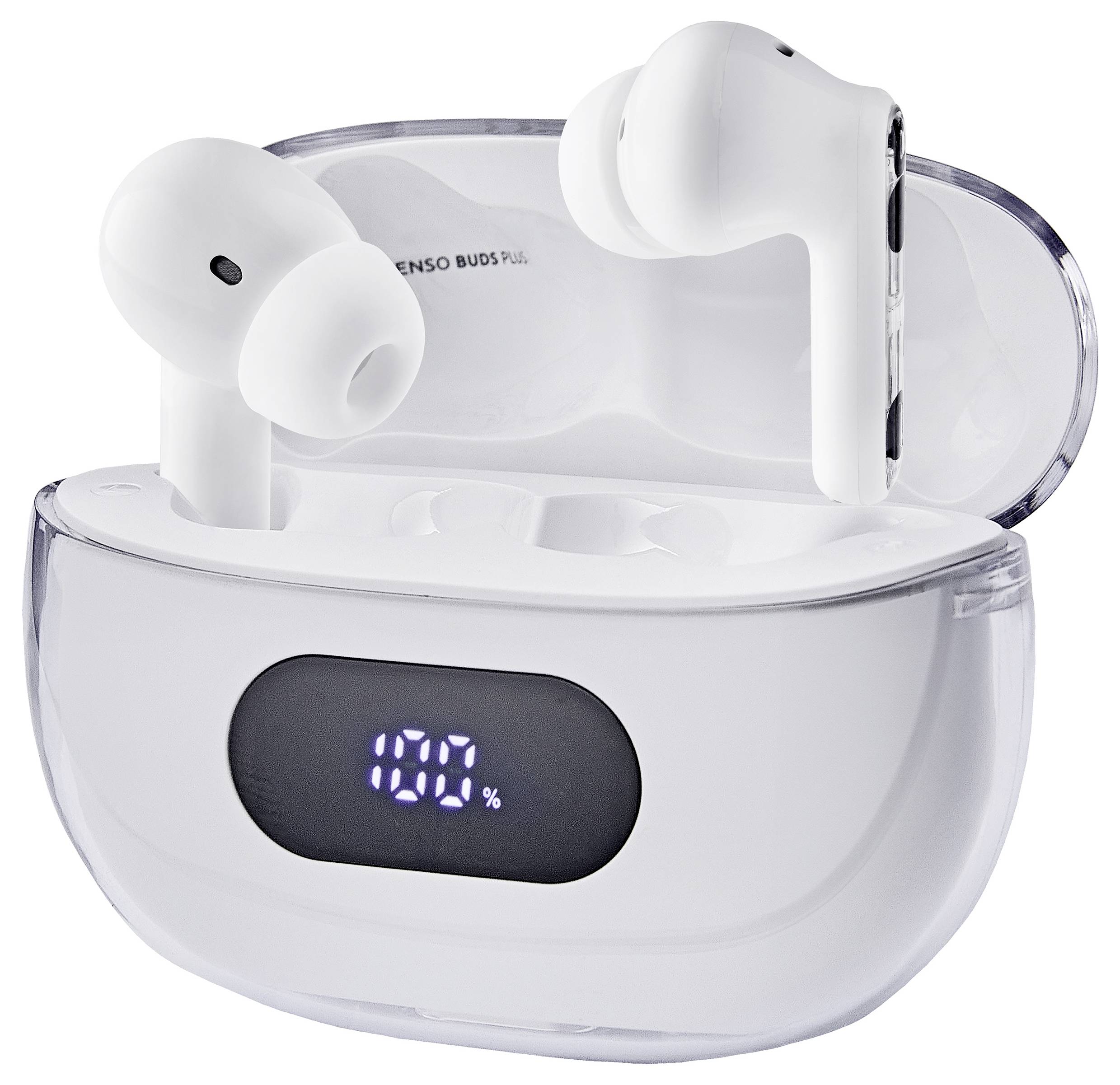White wireless earbuds in an open charging case with a digital display reading '100%'.