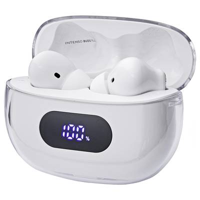 Wireless white earbuds in an open charging case with a digital display showing '100%'. Brand name on the lid.