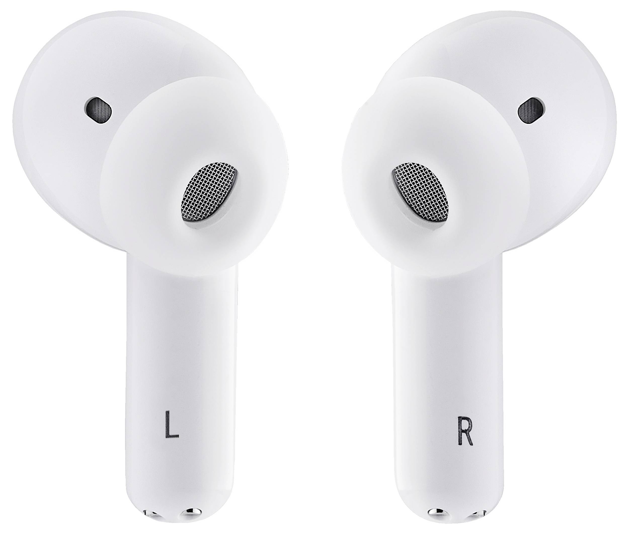 White wireless earbuds with marked letters 'L' and 'R' to distinguish the left and right earphones.