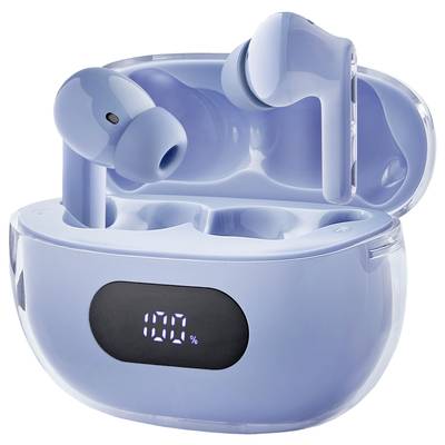 Wireless blue earbuds in a charging case with a display showing '100%'.