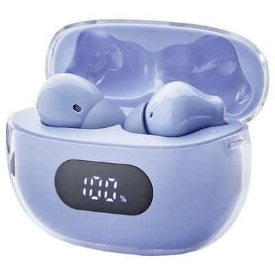 Wireless blue earbuds in an open charging case with a digital display showing '100%', indicating they are fully charged.