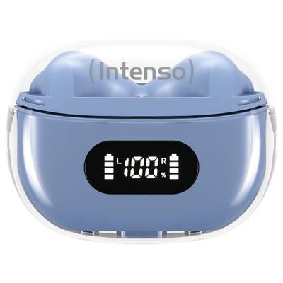 Blue charging case with integrated display showing the charging status of both earbuds at 100%.