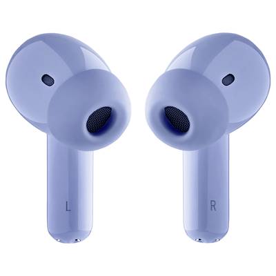 Blue wireless earbuds in front view, each marked with an "L" and "R" for left and right.