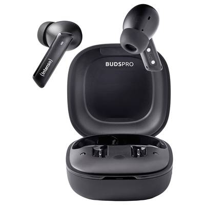 Wireless earbuds 'BUDSPRO' in a black charging case. One earbud hovers above, showcasing the design.