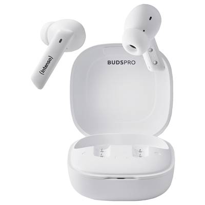 White wireless earbuds and charging case with 'BUDSPRO' written on it. One earbud is hovering above, the other is inserted.