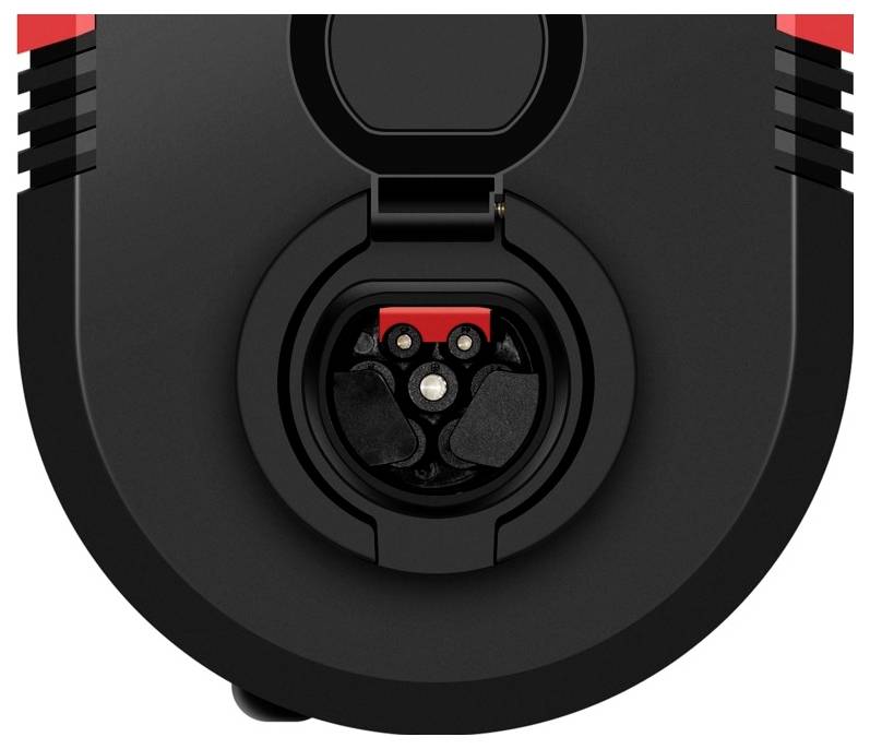 Black and red, round electric charging station with a central connection point at the top of the image, suitable for electric vehicles.