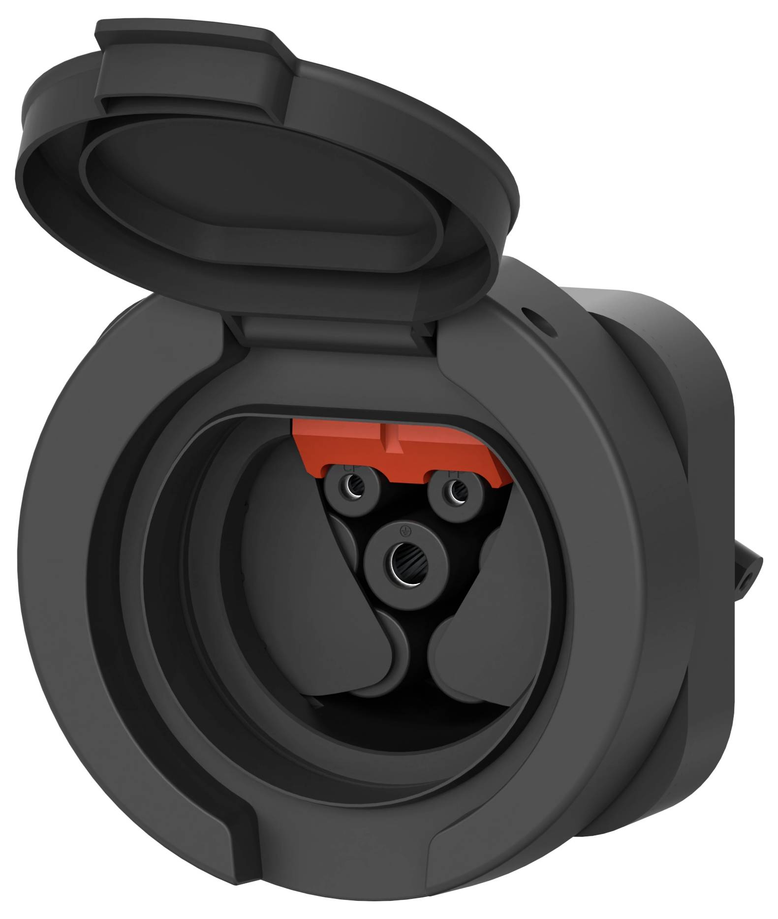 Black electric charging socket with removable lid open; shows internal connections. Suitable for vehicle charging.<br><br>Note: The translation is already in a form of British English, so no significant changes were required.