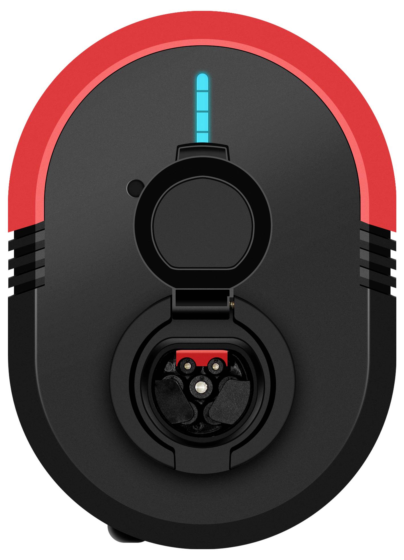 An oval, black charger with a red border and a blue charging indicator bar in the centre.