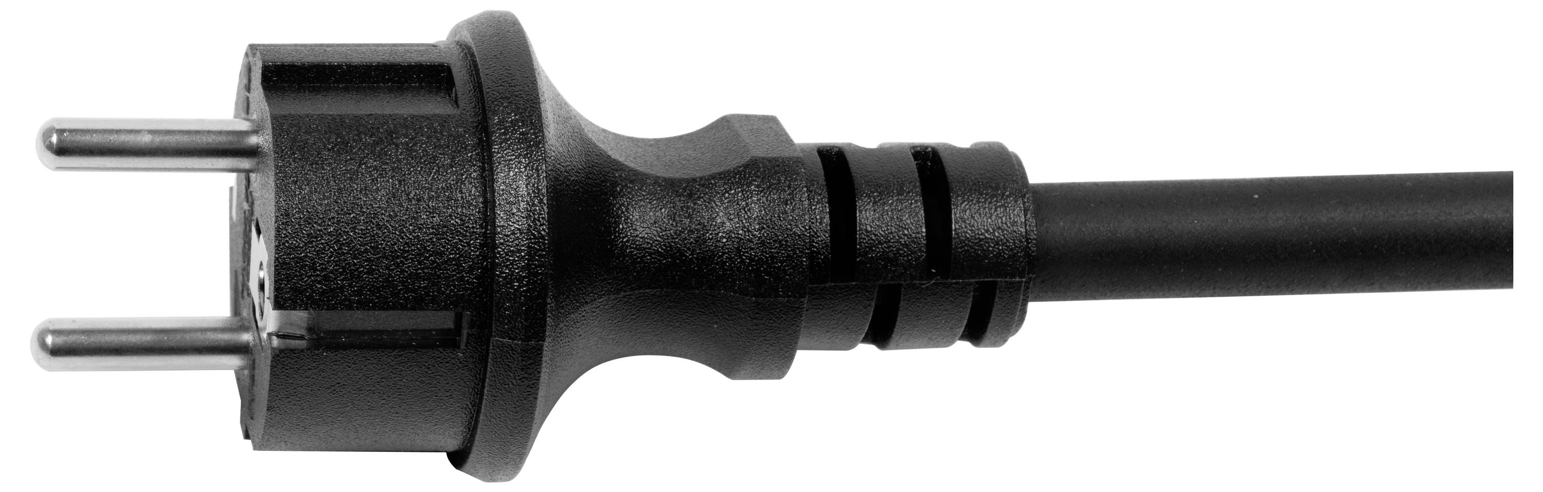 Black mains plug with two round metal pins and an earth pin, suitable for European power sockets.