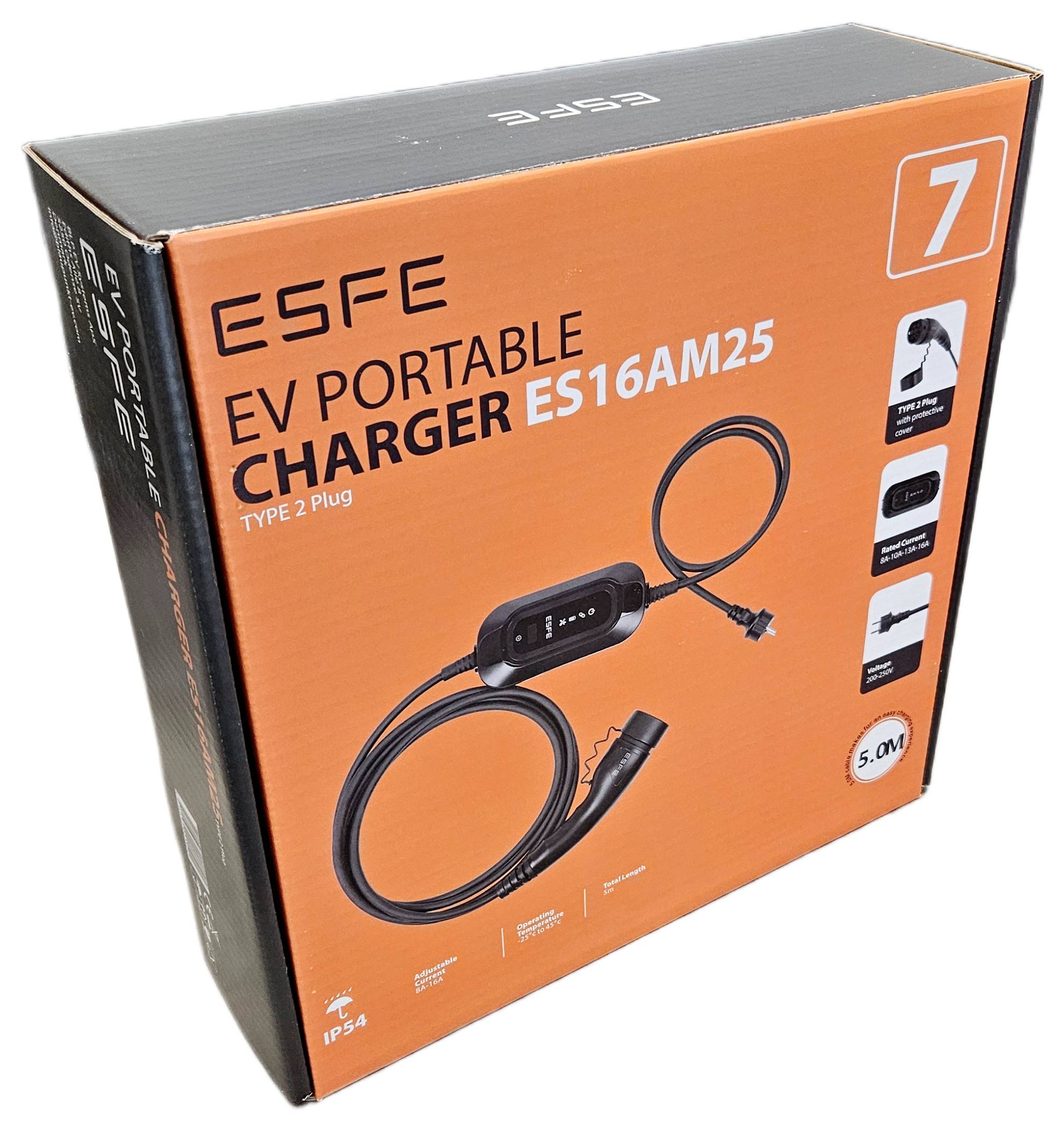 Cardboard packaging for a portable charger with Type 2 plug, Model 'ES16AM25', 5.0 m long. Suitable for electric vehicles.