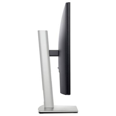 Side view of a slim computer monitor on a sturdy stand. The screen is flat and in dark colours.
