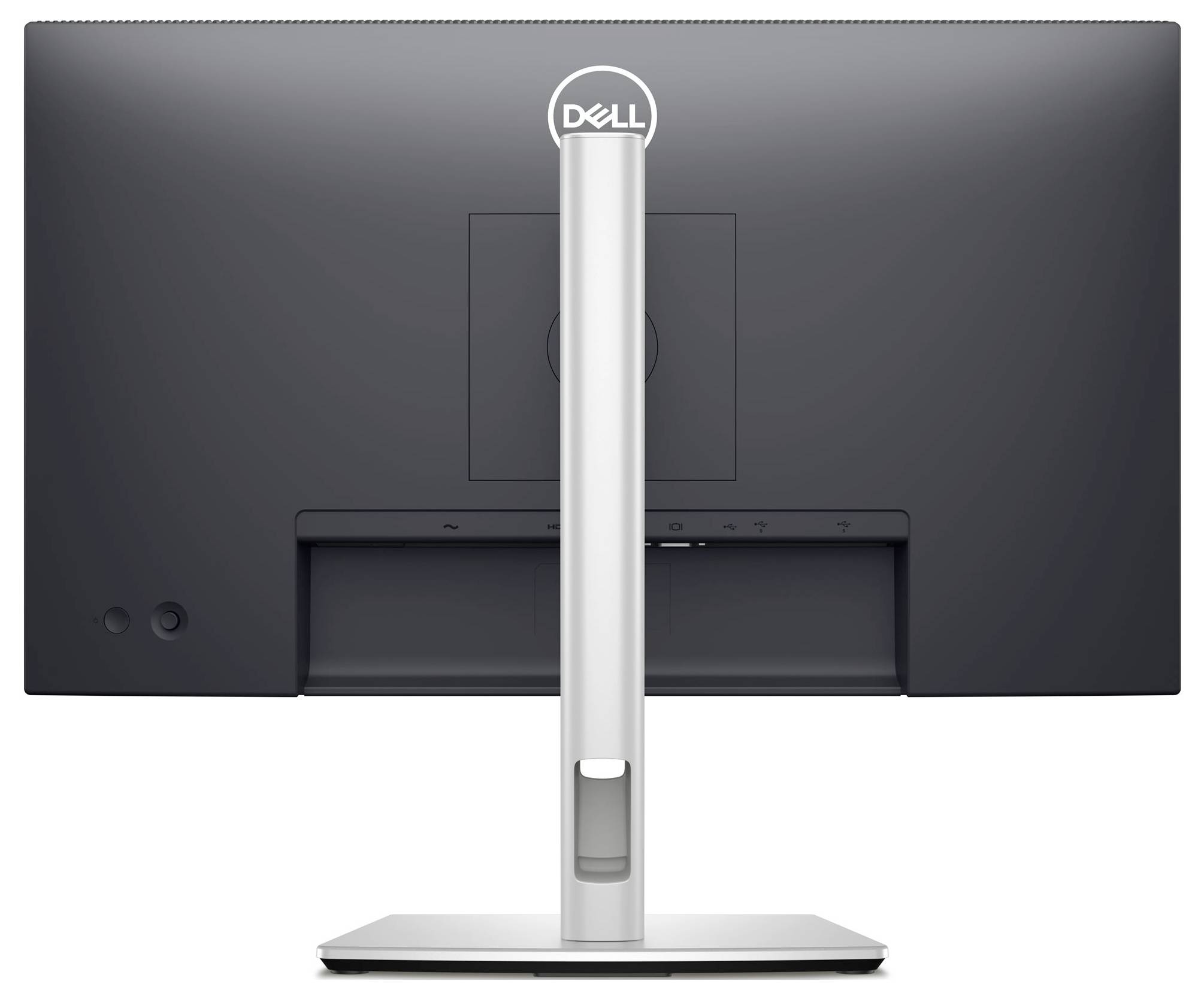 A black monitor with a silver stand from behind, with a 'Dell' logo positioned in the centre.