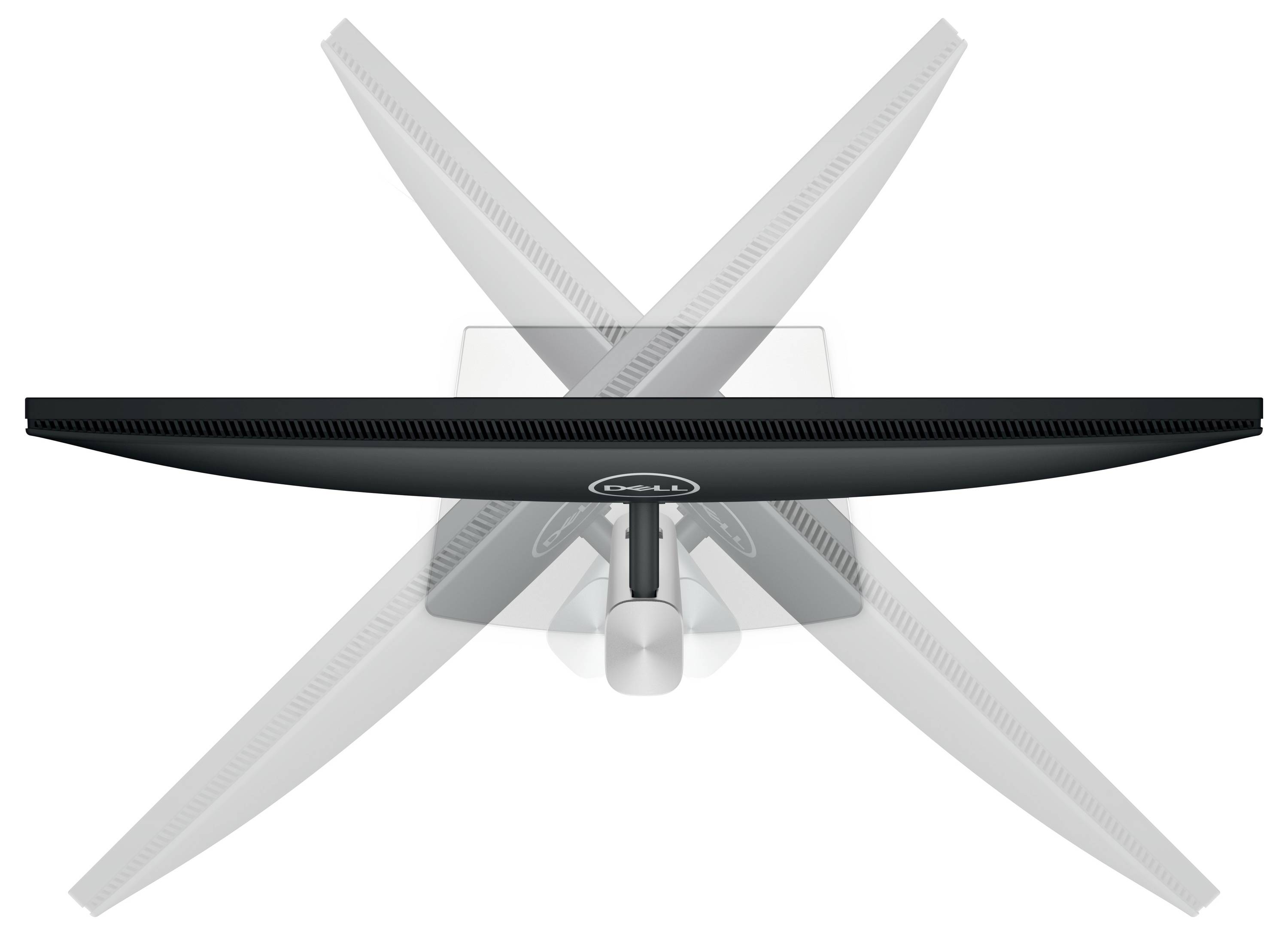 'Black computer monitor with a swivel stand, shown from above, with an X-shaped representation demonstrating its rotational capability.'