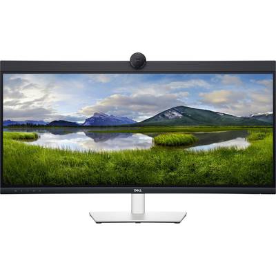 A Dell monitor displays a picturesque landscape with a river, green meadows, and mountains in the background beneath a cloudy sky.