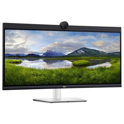A widescreen monitor displays a landscape with a lake, grassy areas, and mountains in the background beneath a cloudy sky.