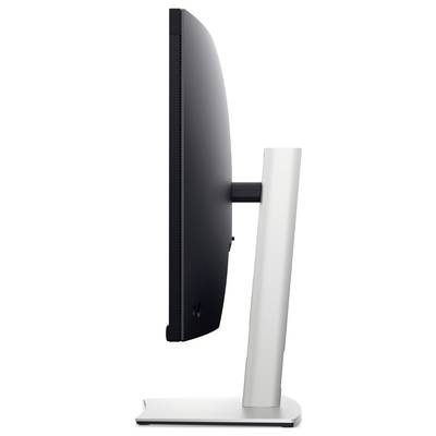 Side view of a sleek computer monitor. The screen is mounted on a sturdy, height-adjustable stand.