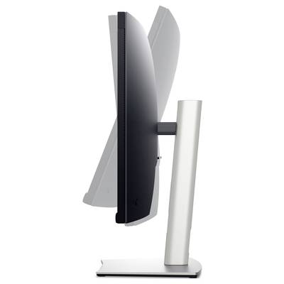 A monitor with an adjustable angle, side profile, showing its tilt capability. Predominantly black and silver in colour.