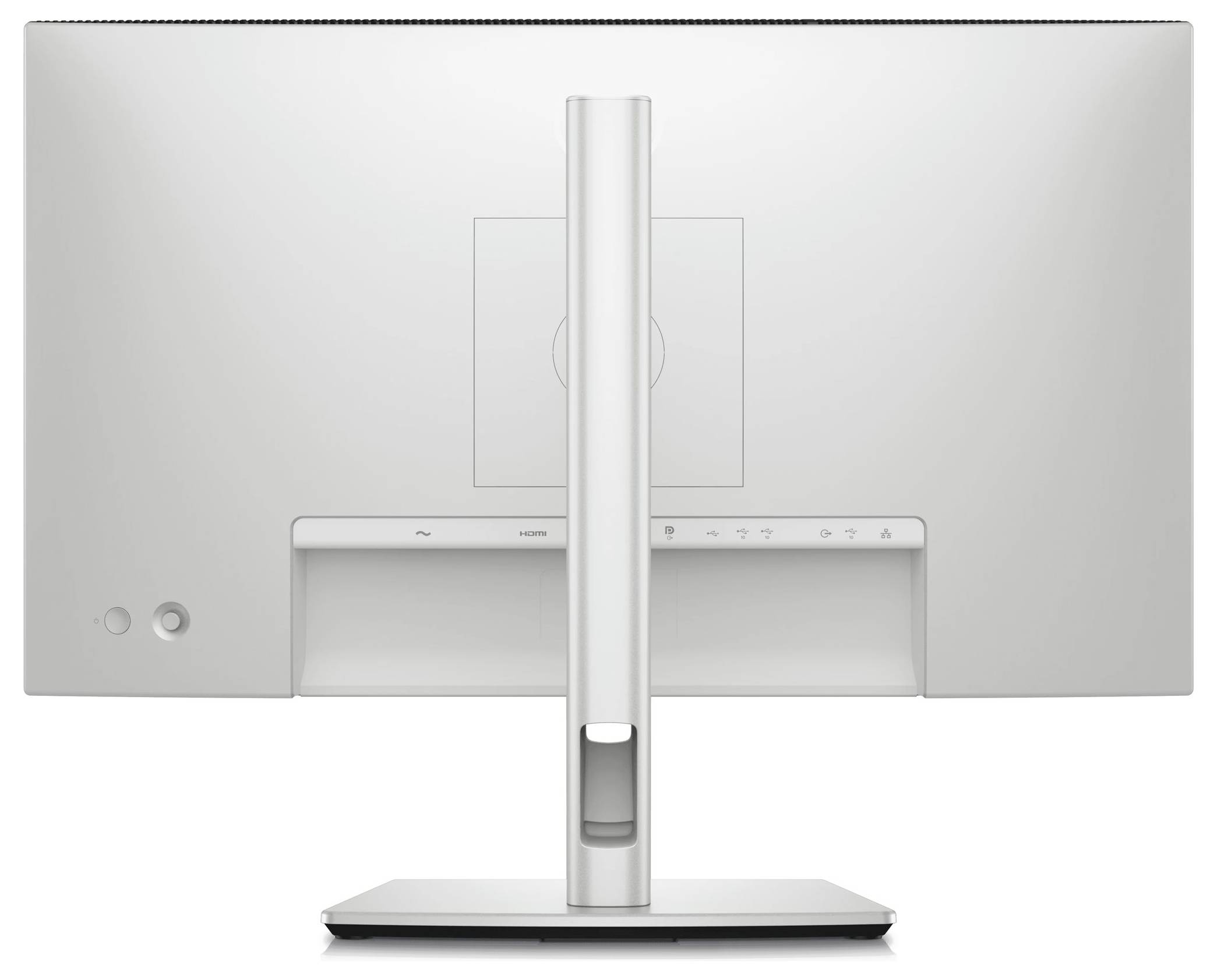 Rear view of a computer monitor with cable connections and control buttons.