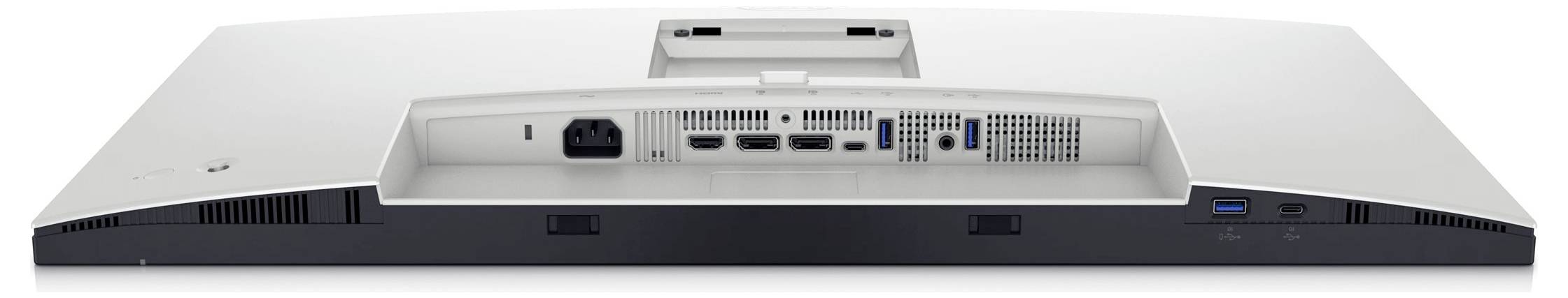Rear view of a computer monitor with various ports, including HDMI, DisplayPort, USB, and audio connections.