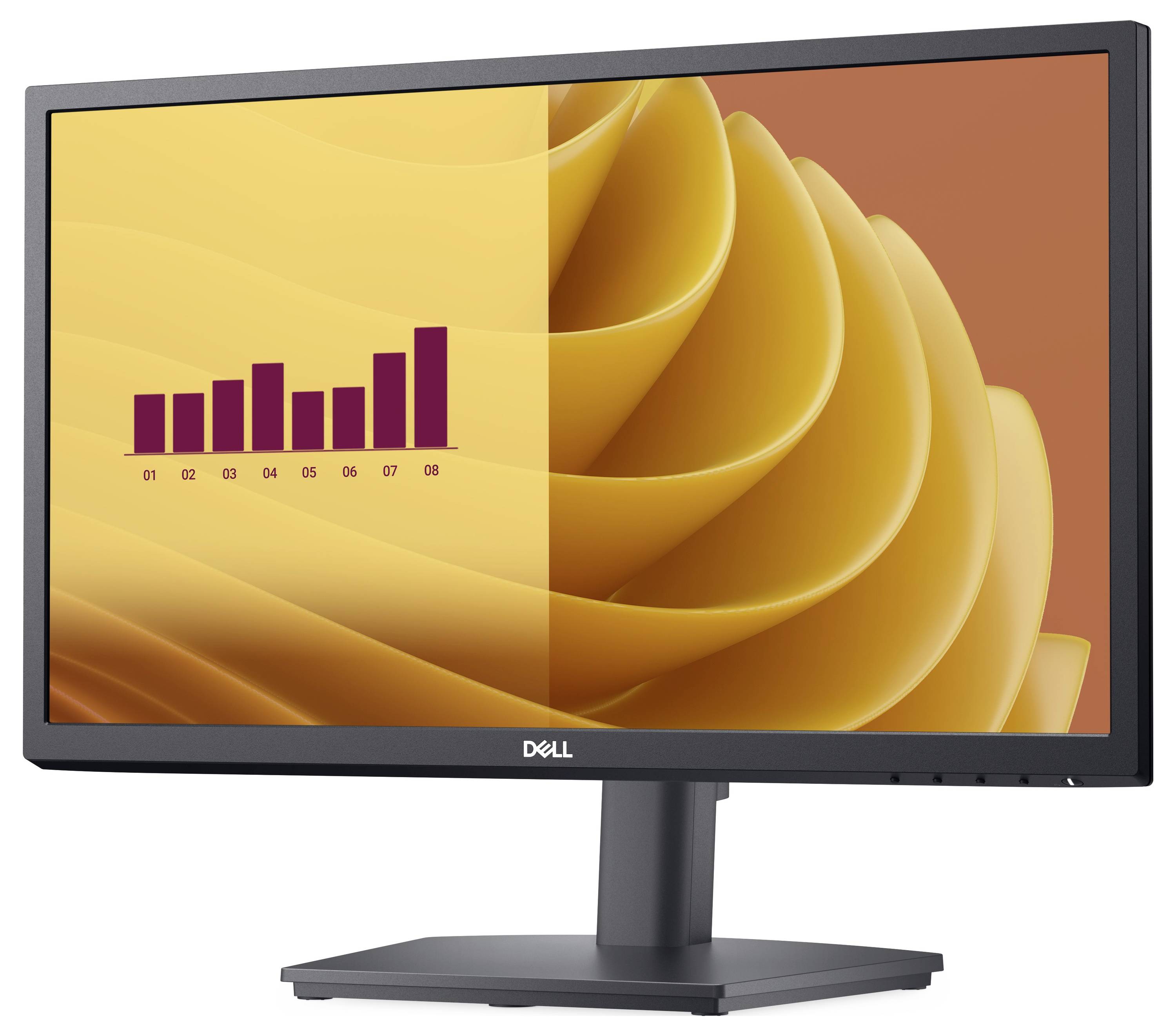 A black Dell monitor displays a bar graph with eight bars and rising values on a yellow, abstract background.