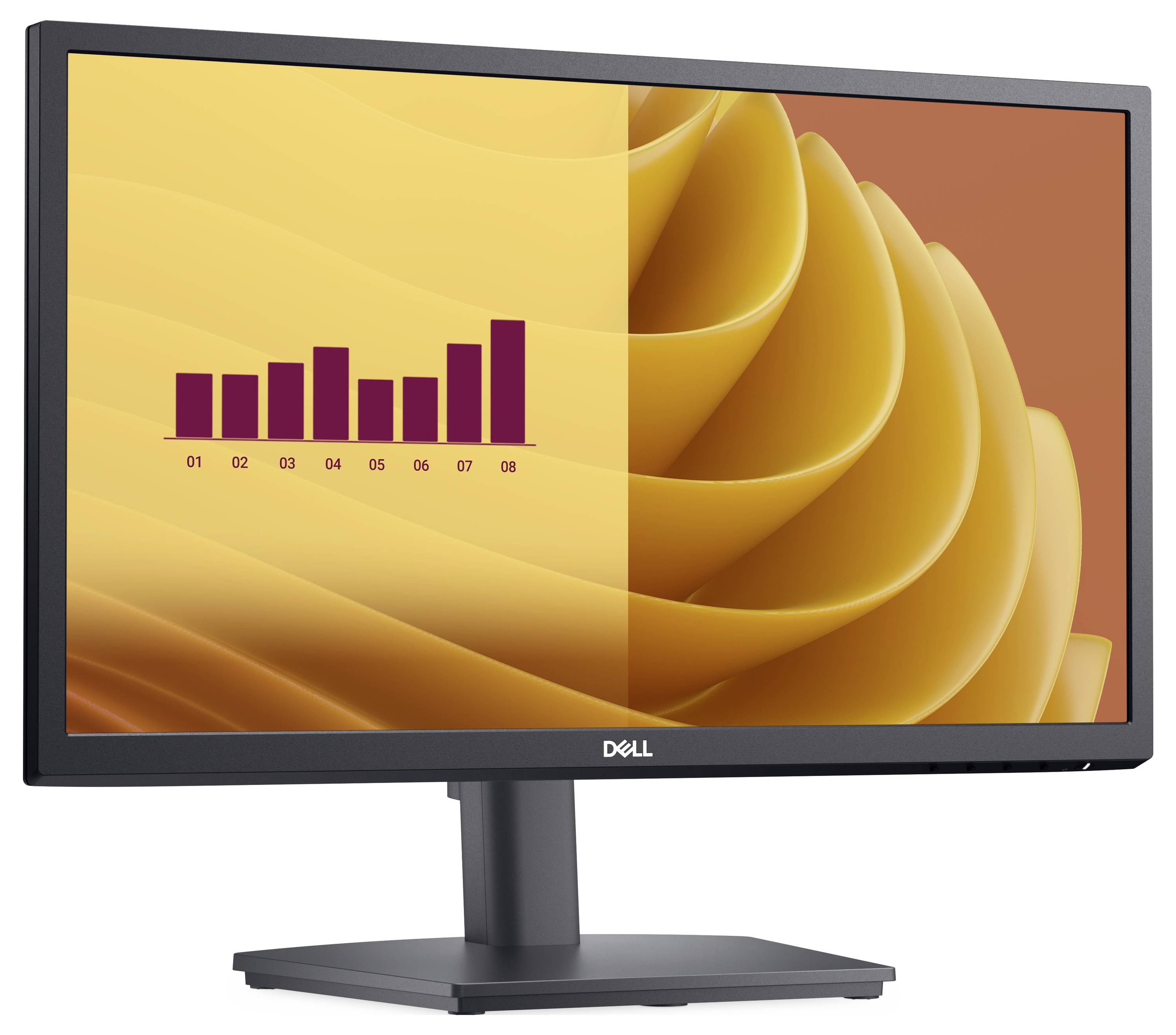 A Dell monitor displays a bar chart with eight bars. The bars are labelled from 01 to 08 and vary in height.