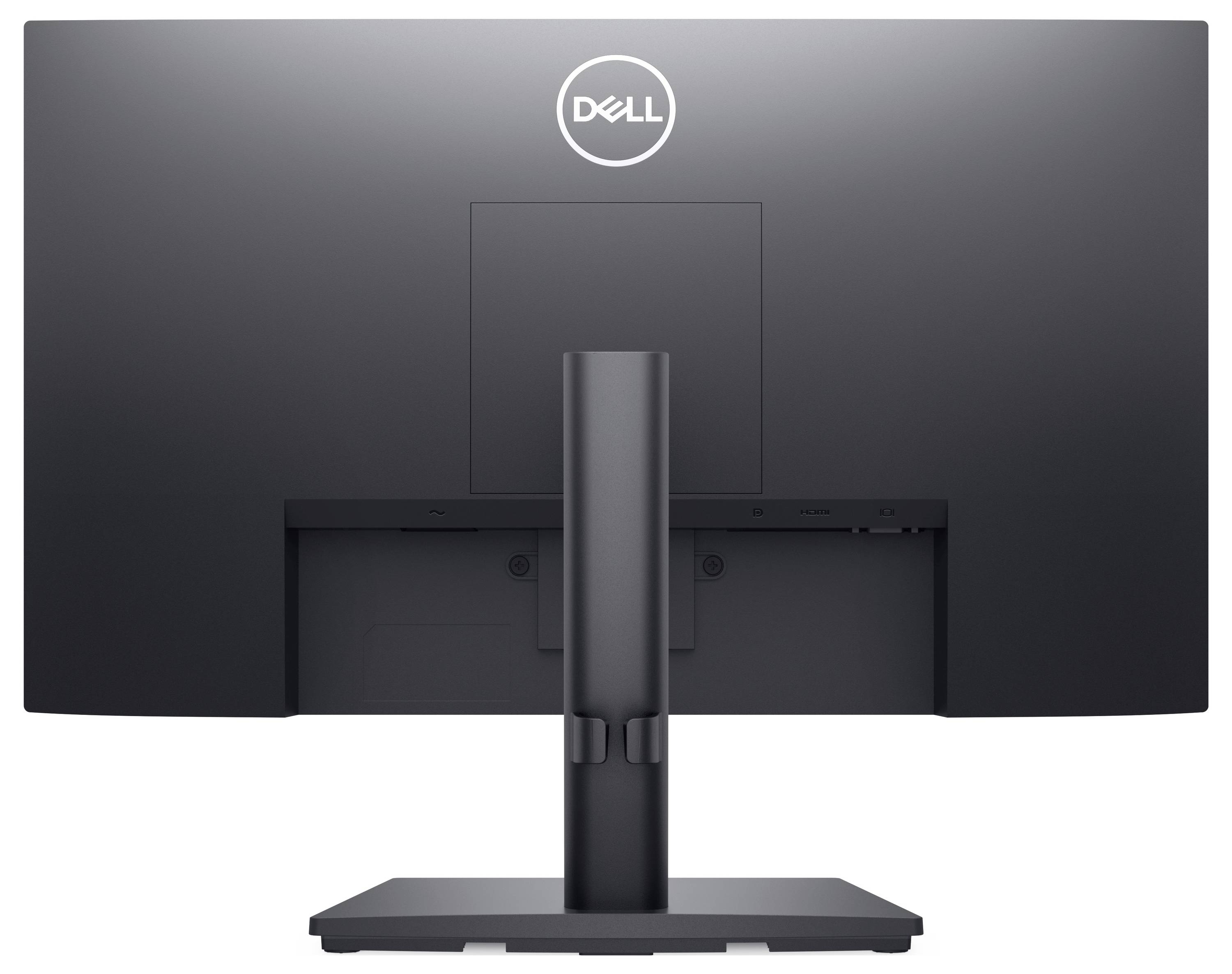 Rear view of a Dell computer monitor with stand, black casing, without visible ports or cables.