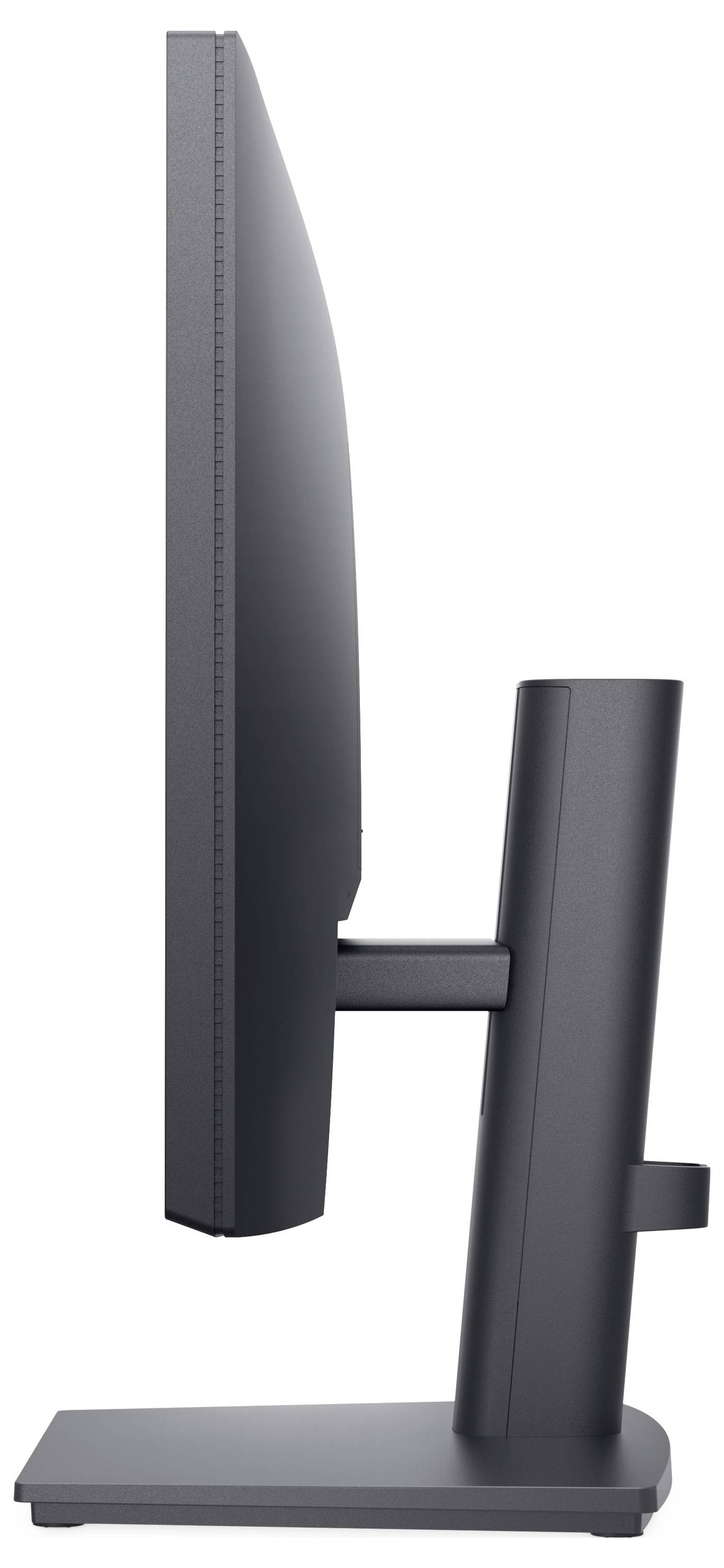 A side view of a modern computer monitor reveals a sleek, minimalist design with a sturdy stand.