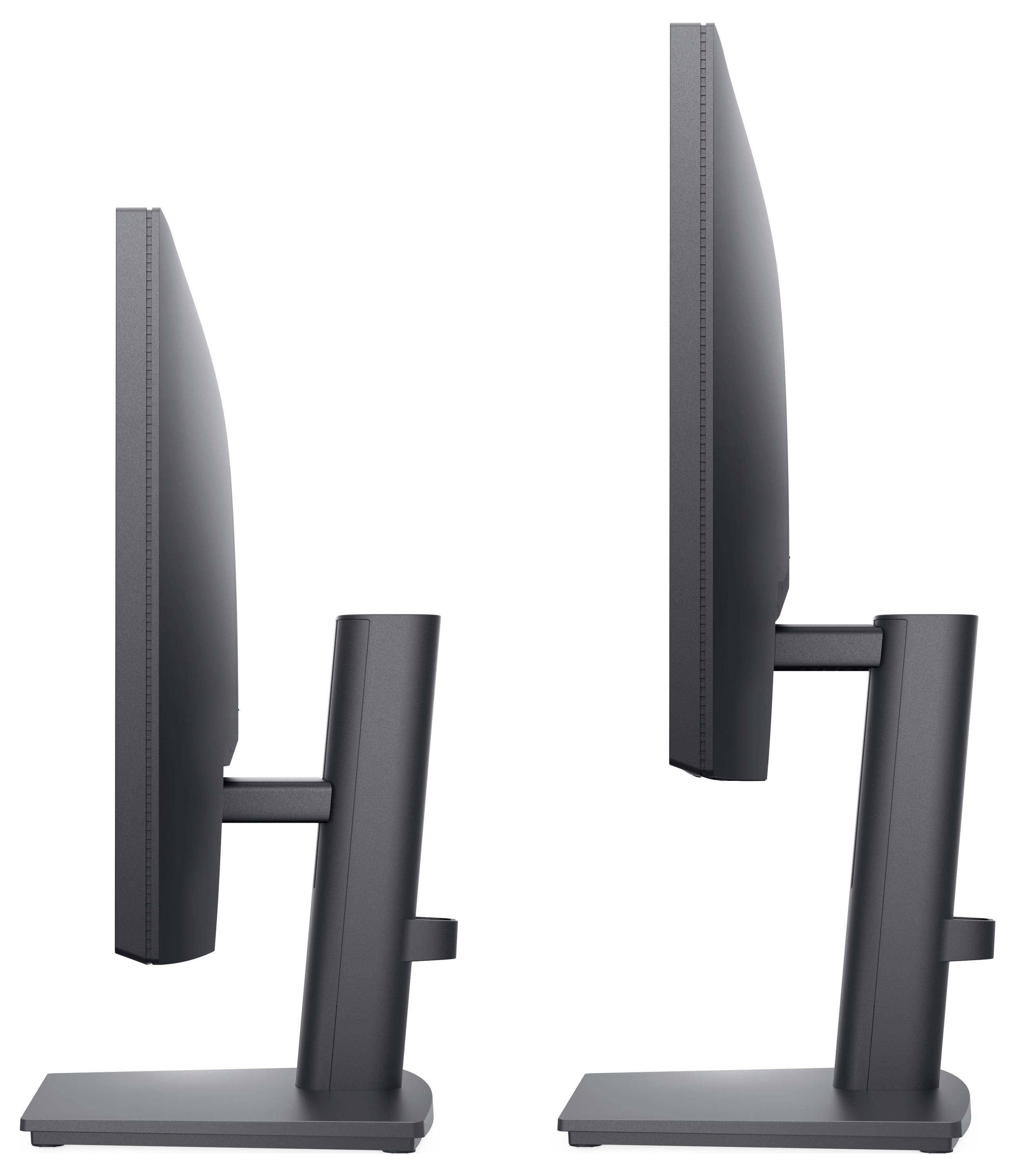 Two black computer monitors in profile, one with an elevated position and one standard. Demonstrates adjustable stand functionality.