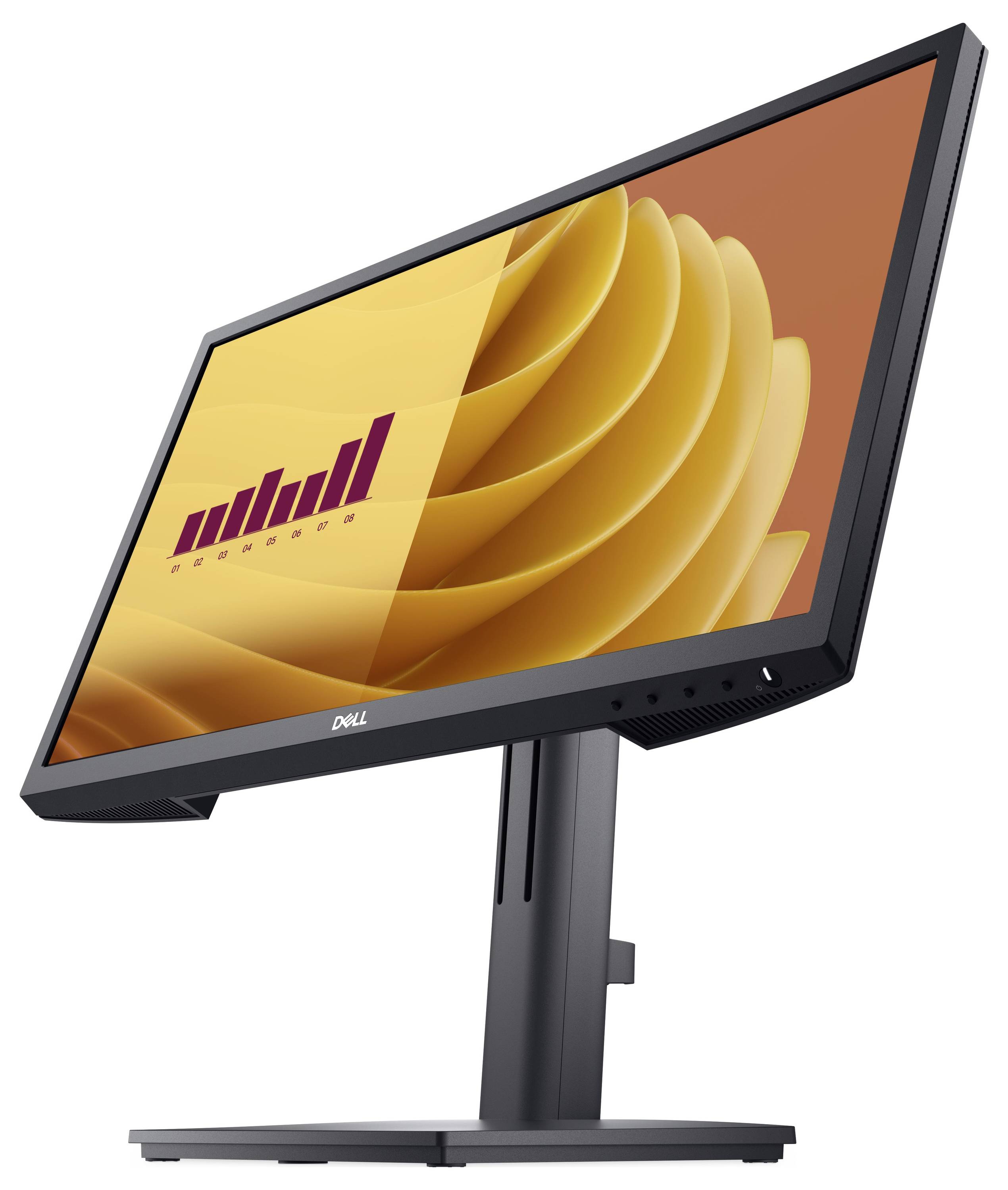 A black Dell monitor displays an abstract, orange image with a purple bar graph. The monitor is slightly tilted.